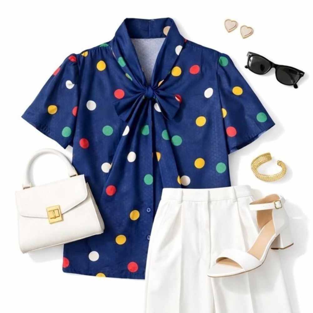 Vintage Navy Polka Dot Bow Tie Blouse Retro Short Sleeve Top